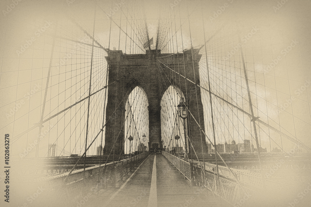 Brooklyn bridge of New York City in sepia - obrazy, fototapety, plakaty 