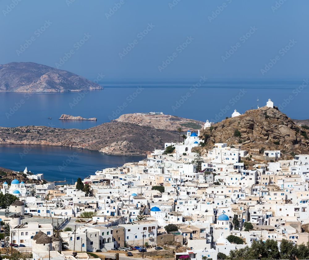 Aerial view of Chora town, Ios island, Cyclades, Aegean, Greece