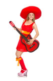 Woman with sombrero playing guitar on white