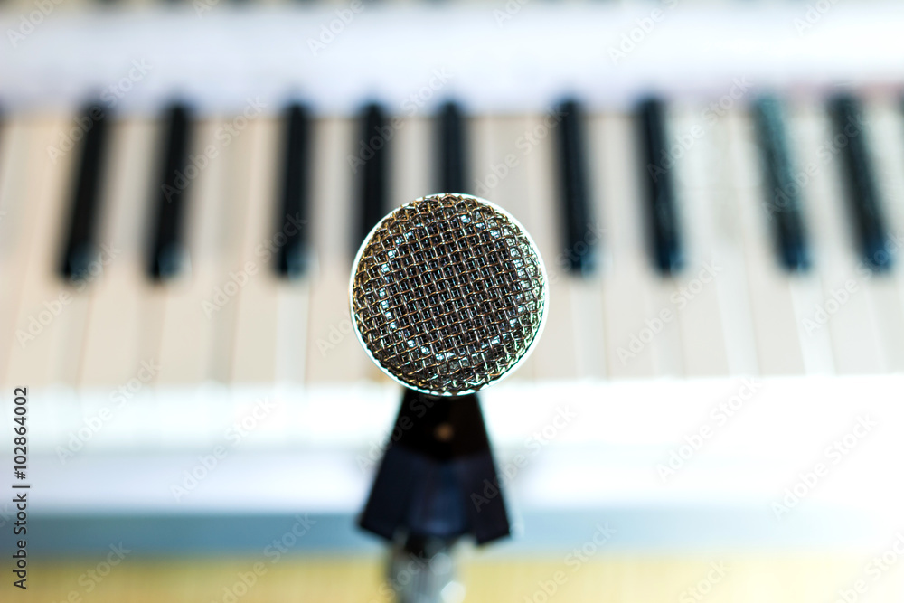Silver microphone on rack close-up. Keyboard synthesizer in the background. Background bright and highly blurred.
Silver microphone on rack close-up. Keyboard synthesizer in the background. Background bright and highly blurred.