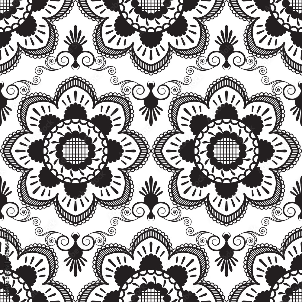 Seamless pattern with black and white mehndi lace of flower buta decoration items on white background. Seamless pattern with black and white mehndi lace of flower buta decoration items on white background.