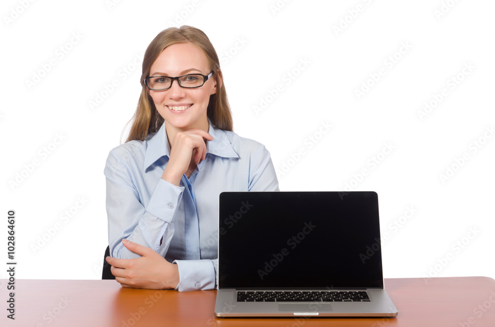 Office employee with laptop isolated on white Office employee with laptop isolated on white