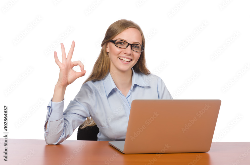 Office employee sitting before laptop isolated on white Office employee sitting before laptop isolated on white