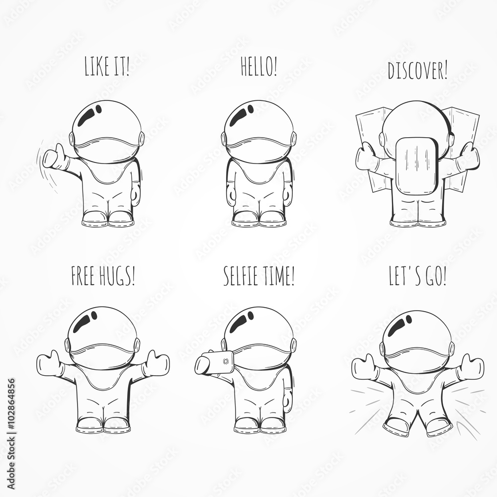 Fototapeta premium Set of Hand drawn cartoon astronaut in space suit. Line art cosmic vector illustration.
