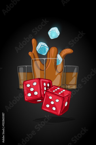 Vector cartoon illustration drawn glass with alcohol drink. ice cubes falling and splash liquid. Two dice on foreground in motion.