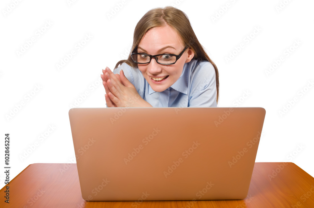 Office employee at work table with laptop isolated on white Office employee at work table with laptop isolated on white