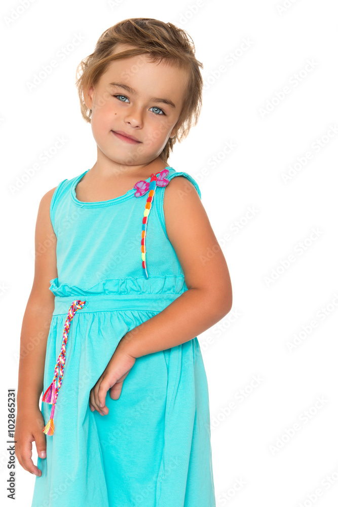 Beautiful little blonde girl in a smart dress. Closeup - Isolated on white background Beautiful little blonde girl in a smart dress. Closeup - Isolated on white background