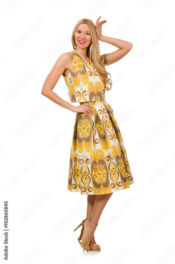 Young woman wearing long summer dress isolated on white