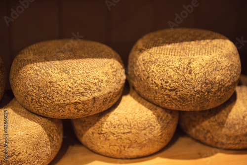 Traditional italian pecorino cheese in the organic shop in Pienza, Italy