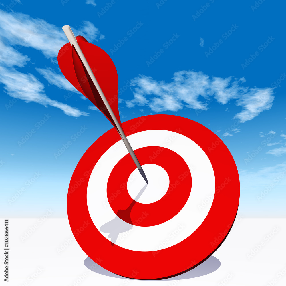 Conceptual red dart target board with arrow in the center on clouds Conceptual red dart target board with arrow in the center on clouds