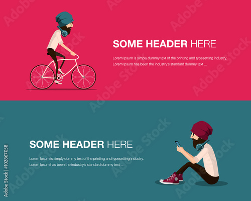 Hipster bearded man in a hat riding vintage bicycle and sitting and using mobile smart phone. Guy cycling and listening music with modern headphones wearing shirt and tight  jeans and trendy glasses.