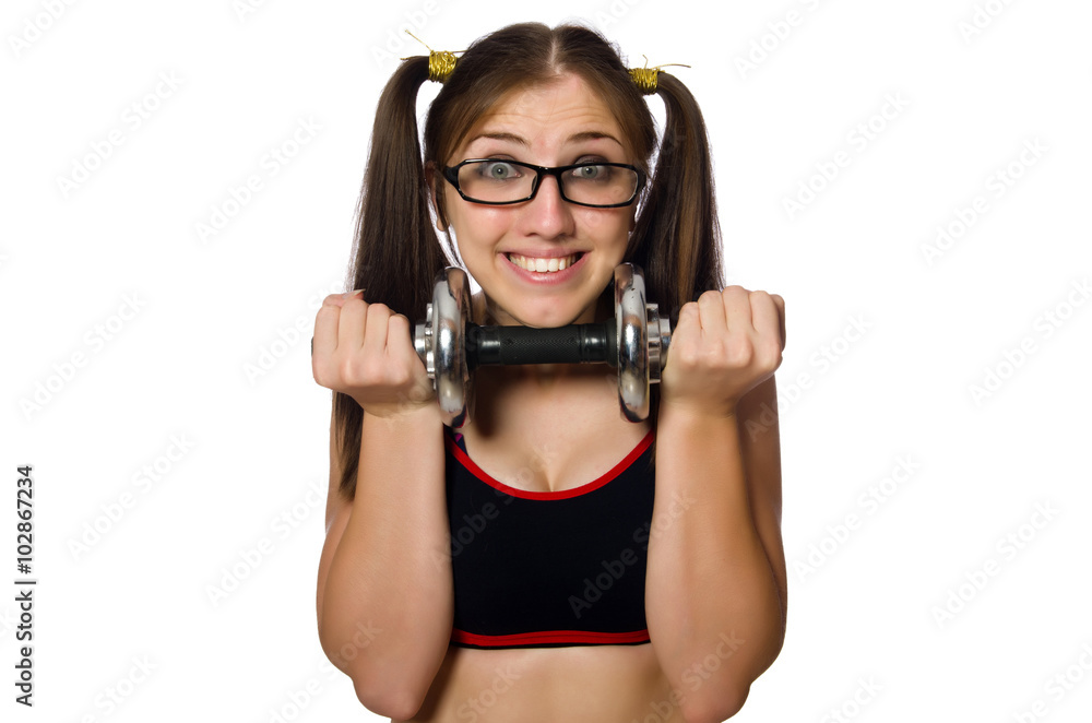 Woman exercising with dumbbells isolated on white Woman exercising with dumbbells isolated on white