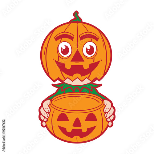 Kid wearing Halloween costume holding pumpkin bucket. Pumpkin head costume.