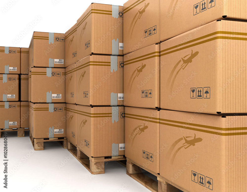 Cardboard boxes on pallet, delivery and transportation logistics Cardboard boxes on pallet, delivery and transportation logistics