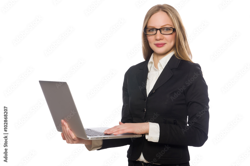 Pretty office employee with laptop isolated on white Pretty office employee with laptop isolated on white