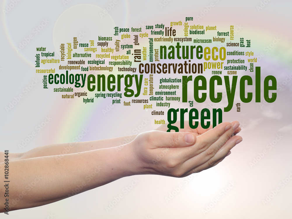 Conceptual ecology word cloud over rainbow Conceptual ecology word cloud over rainbow