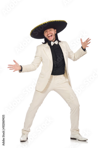 Funny mexican in suit and sombrero isolated on white photo