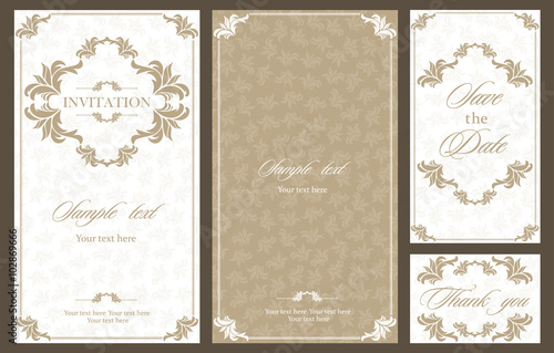 Wedding invitation vintage card with floral and antique decorative elements. Vector illustration