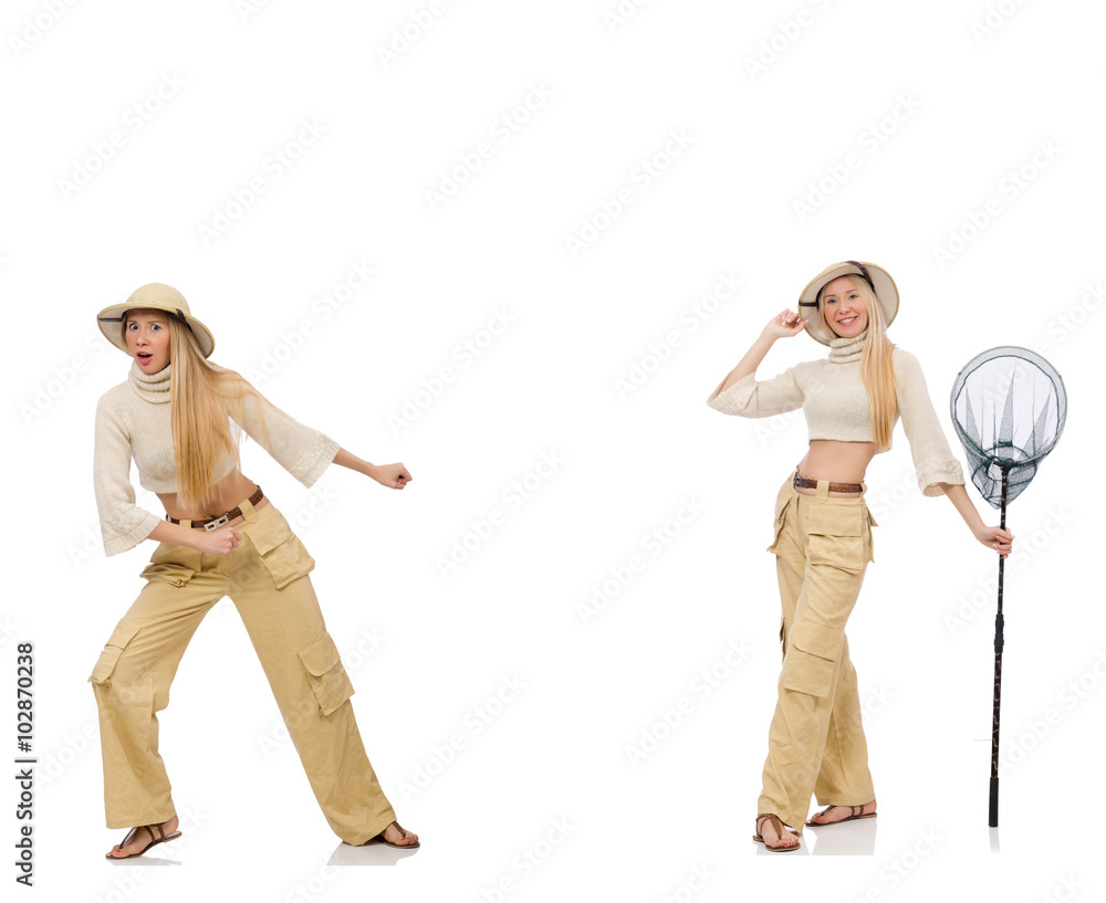 Woman with catching net on white Woman with catching net on white