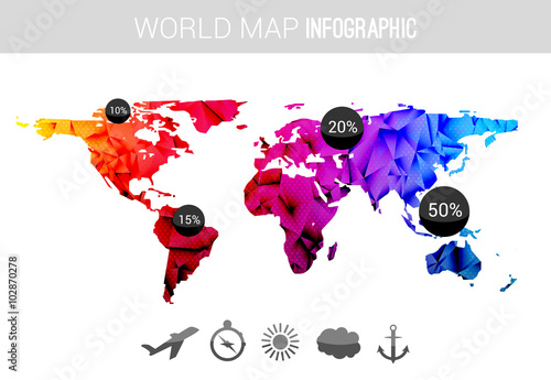 Vector 3d world map with points and percantage. Triangle blue red globe travel world map infographic concept photo