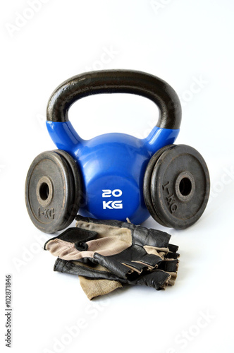 Tools for bodybuilding, fitness and crossfit. Weight, glove and kettlebell.