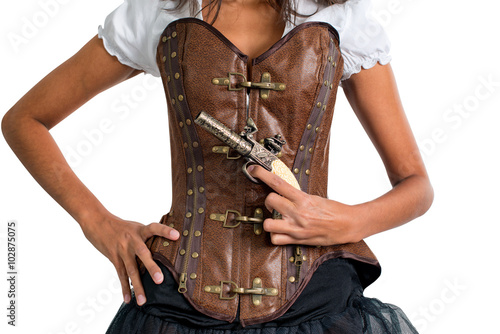 Woman with Antique Gun Wearing Leather Corset
