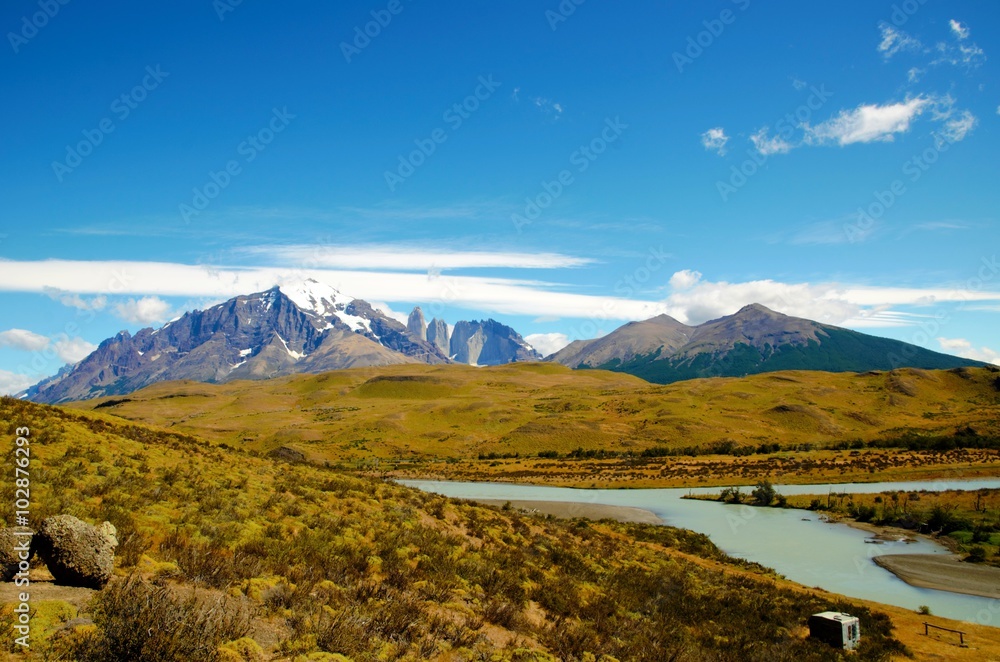 LAGUNA AMARGA, TORRES DEL PAINE NATIONAL PARK, CHILE - FEBRUARY, 8, 2016: View onto Laguna Amarga, with snow covered mountains in the background
