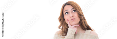 Bild auf Leinwand frau schaut ratlos nach oben