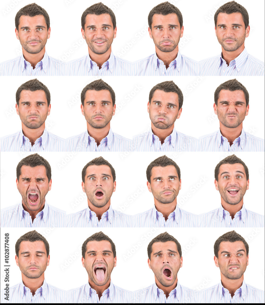 brunette short hair young business caucasian man collection set of face expression like happy, sad, angry, surprise, yawn isolated on white brunette short hair young business caucasian man collection set of face expression like happy, sad, angry, surprise, yawn isolated on white