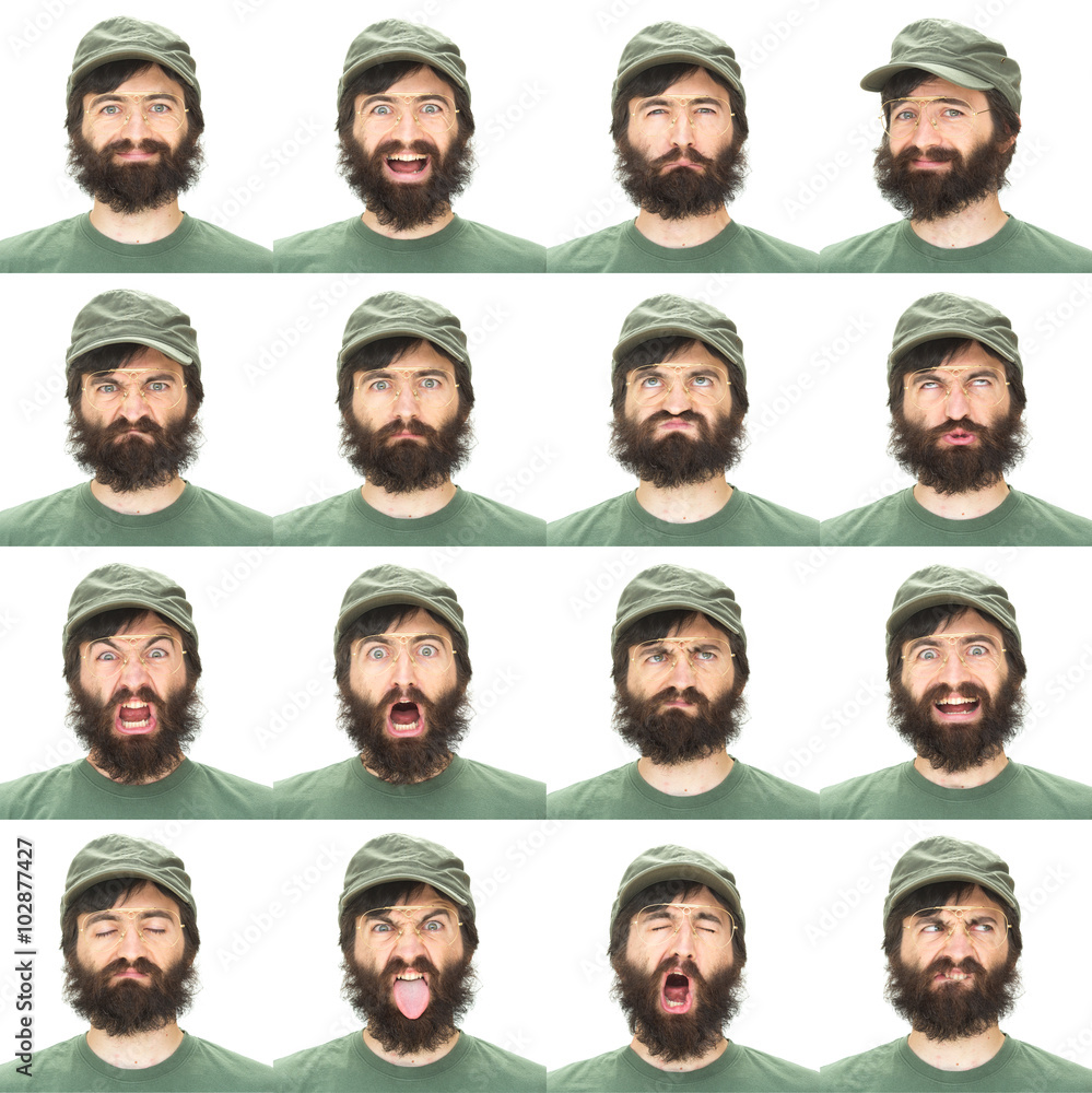 brunette beard with green hat adult caucasian man collection set of face expression like happy, sad, angry, surprise, yawn isolated on white brunette beard with green hat adult caucasian man collection set of face expression like happy, sad, angry, surprise, yawn isolated on white