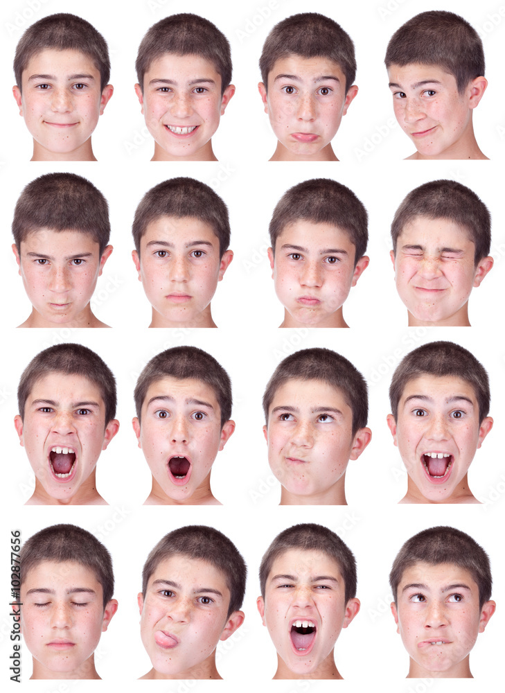 short hair brunette kid caucasian boy collection set of face expression like happy, sad, angry, surprise, yawn isolated on white short hair brunette kid caucasian boy collection set of face expression like happy, sad, angry, surprise, yawn isolated on white