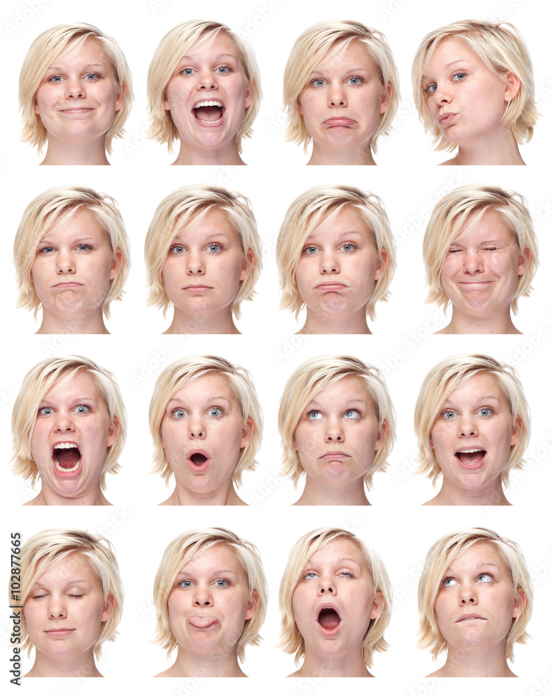 blonde european young caucasian woman collection set of face expression like happy, sad, angry, surprise, yawn isolated on white blonde european young caucasian woman collection set of face expression like happy, sad, angry, surprise, yawn isolated on white