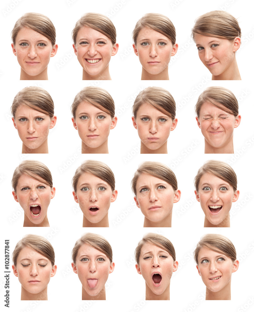 blonde young caucasian woman collection set of face expression like happy, sad, angry, surprise, yawn isolated on white