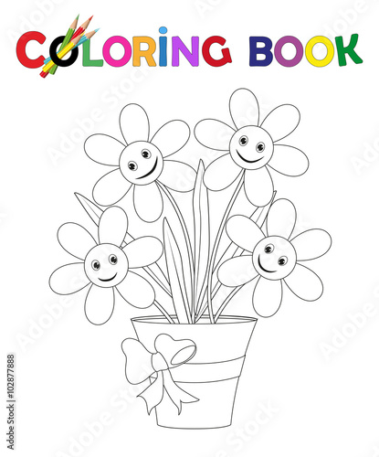 Ausmalbild Blumentopf mit Blüten und Schleife
Vektor Illustration isoliert auf weiß
