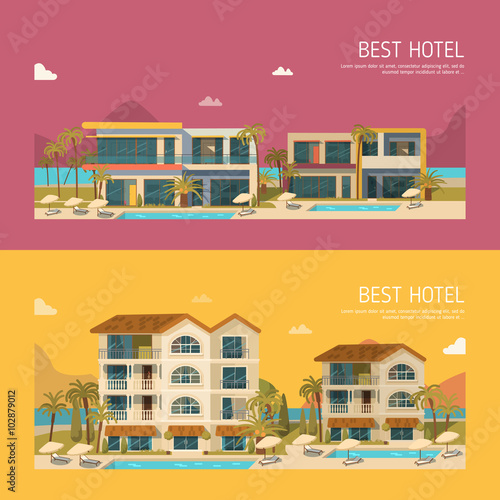 Two banners with hotel building