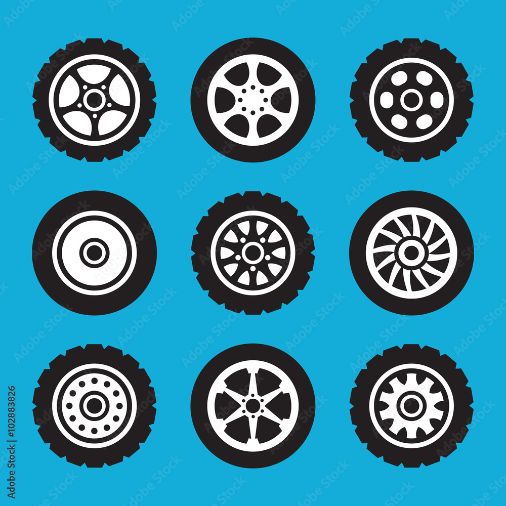 Tires and wheels icons set. Vector icons set Tires and wheels icons set. Vector icons set