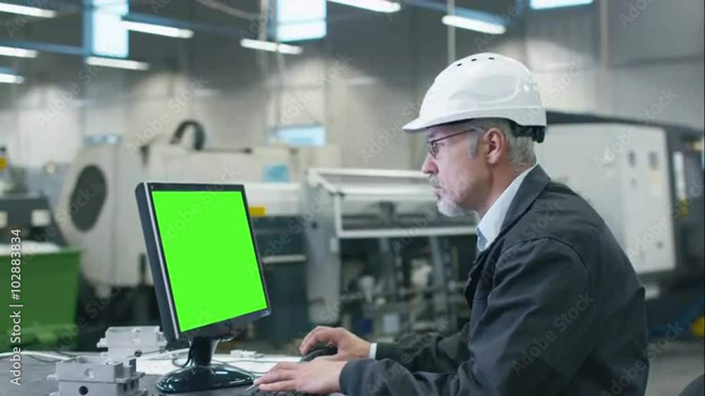 Senior engineer in glasses is working on a desktop computer with a green screen on monitor in a factory. Shot on RED Cinema Camera. Senior engineer in glasses is working on a desktop computer with a green screen on monitor in a factory. Shot on RED Cinema Camera.