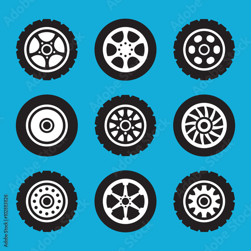 Tires and wheels icons set. Vector icons set