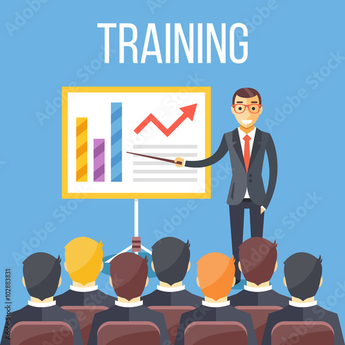 Training staff, business presentation, meeting, business school. Vector flat illustration
