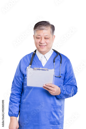 asian old man doctor in blue uniform with stethoscope and clipbo photo