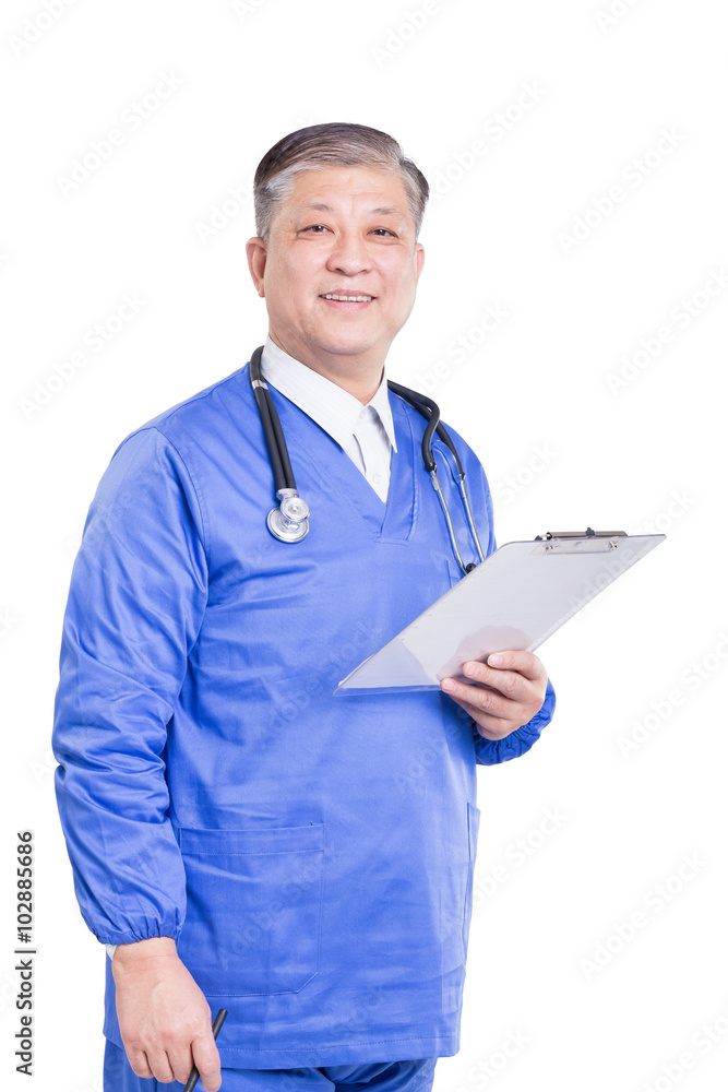 asian old man doctor in blue uniform with stethoscope and clipbo asian old man doctor in blue uniform with stethoscope and clipbo
