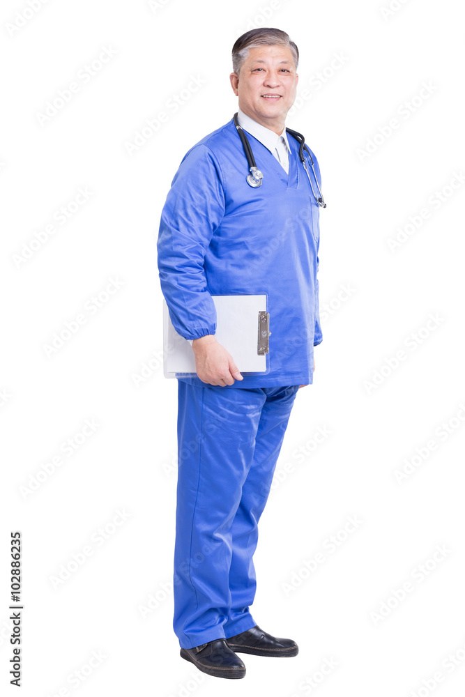 asian old man doctor in blue uniform with stethoscope and clipbo asian old man doctor in blue uniform with stethoscope and clipbo