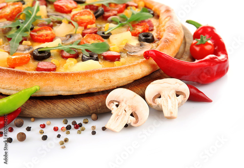 Delicious pizza with vegetables, isolated on white