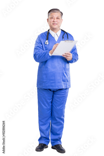 asian old man doctor in blue uniform with stethoscope and clipbo photo