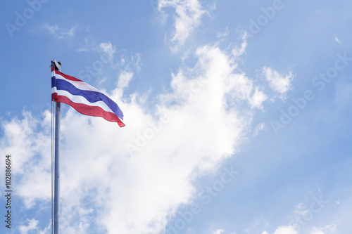 Image of waving Thai flag with blue sky background