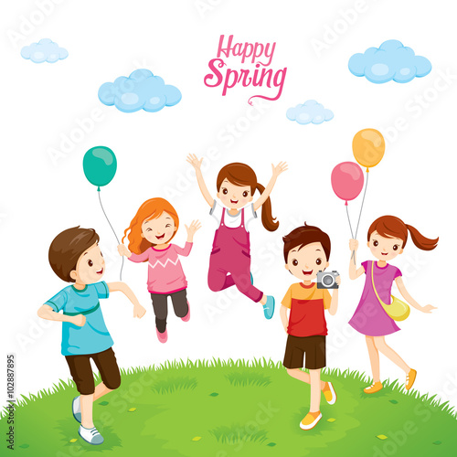 Happiness Children Relaxing On Lawn, Spring Season, Nature, Children, Animal, Flower