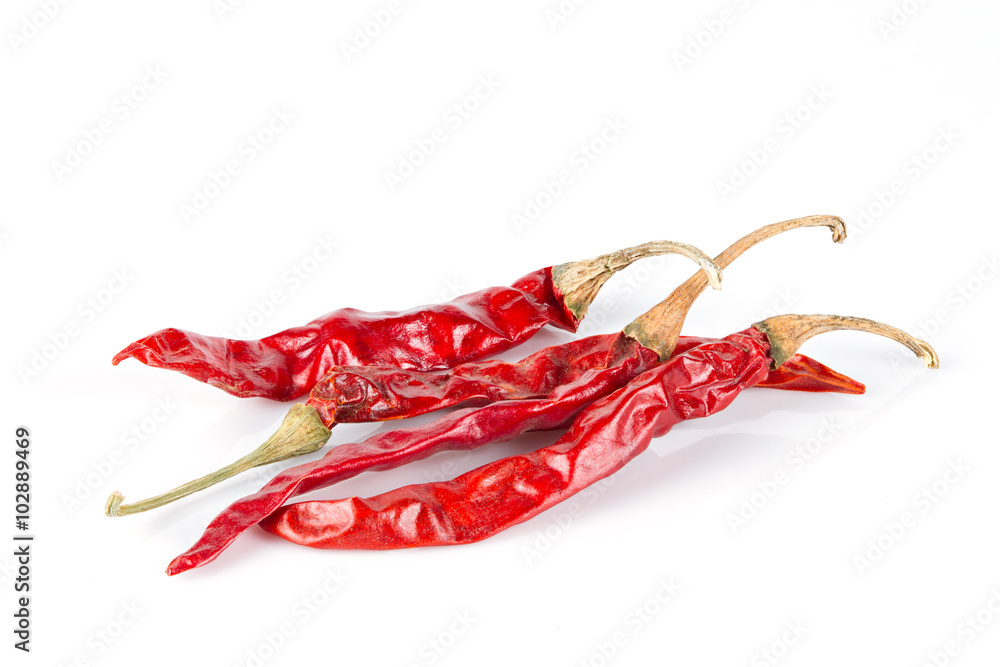 Dried red chili peppers  on white background