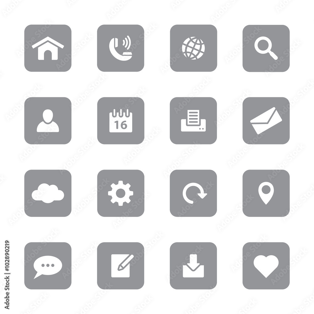 web icon set 1 on gray rounded rectangle for web design, user interface (UI), infographic and mobile application (apps)