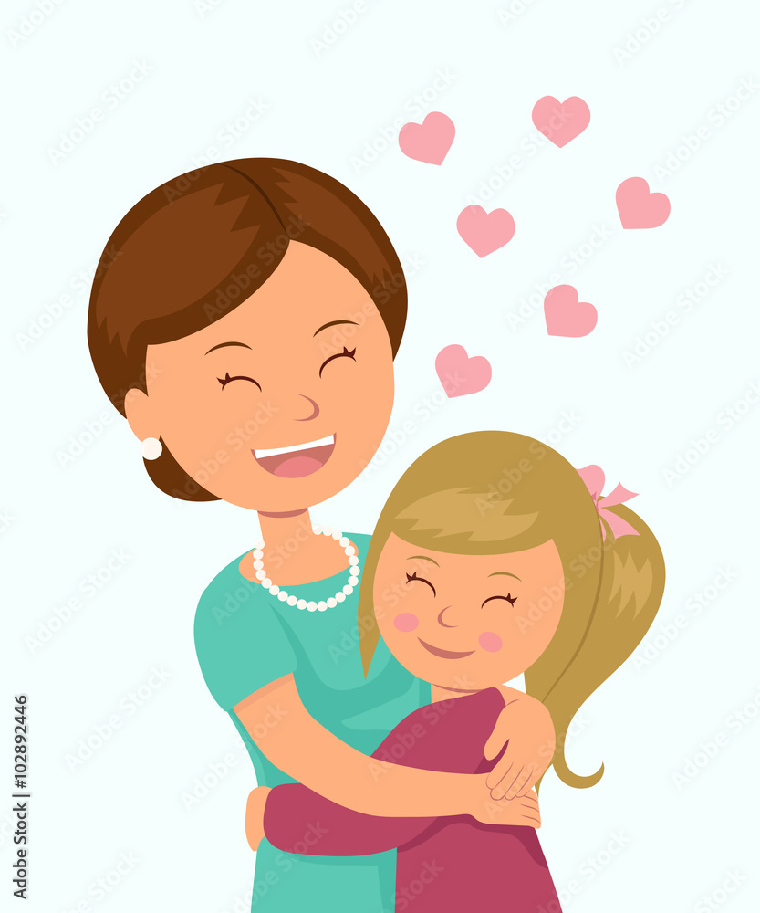 Daughter hugging her mother. Isolated characters in the embrace of a mother and her daughter on a white background. Daughter hugging her mother. Isolated characters in the embrace of a mother and her daughter on a white background.