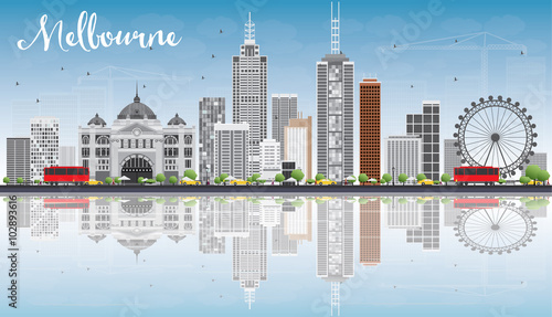 Melbourne Skyline with Gray Buildings, Blue Sky and Reflections.